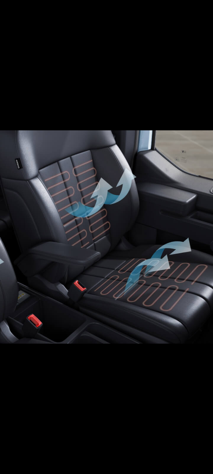 Nahaufnahme des Sitzes im Kia PV5 Passenger mit illustrierter Heiz- und Belüftungsfunktion.